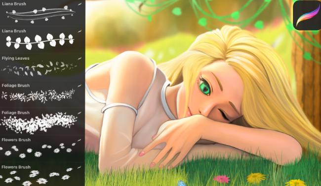 Spring-themed Procreate foliage brushes with flowers and plants