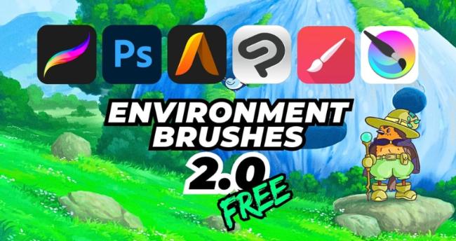 Environment Procreate foliage brushes with trees, plants, and rocks